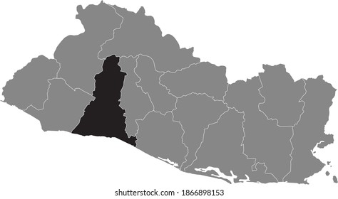 Black location map of the Salvadorian La Libertad department inside gray map of El Salvador