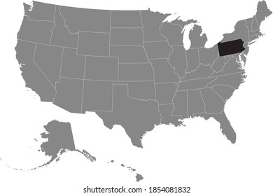 Black location map of US federal state of Pennsylvania inside gray map of the United States of America