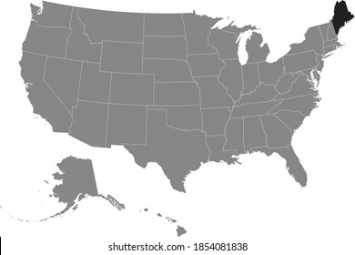 Mapa de ubicación negra del estado federal de Maine en el mapa gris de los Estados Unidos de América