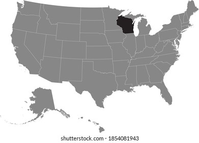 Black location map of US federal state of Wisconsin inside gray map of the United States of America