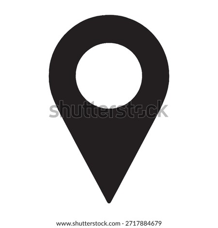a black location marker with a white circle at the top. The marker is pointed and tapers to a sharp end, symbolizing a pinpointed location. The white circle within the black marker is centered and contrasts sharply against the black background.