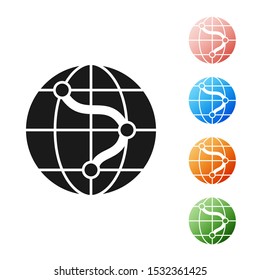 Black Location on the globe icon isolated on white background. World or Earth sign. Set icons colorful. Vector Illustration