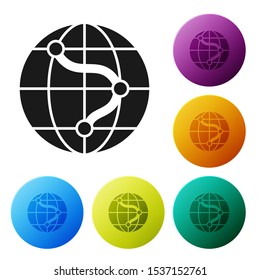 Black Location on the globe icon isolated on white background. World or Earth sign. Set icons colorful circle buttons. Vector Illustration