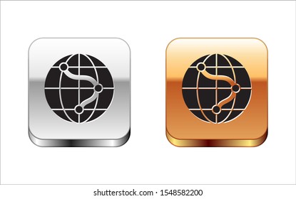 Black Location on the globe icon isolated on white background. World or Earth sign. Silver-gold square button. Vector Illustration