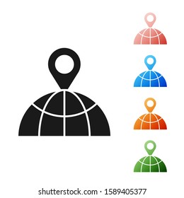 Black Location on the globe icon isolated on white background. World or Earth sign. Set icons colorful. Vector Illustration