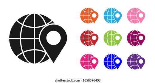 Black Location on the globe icon isolated on white background. World or Earth sign. Set icons colorful. Vector Illustration