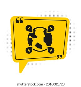 Black Location on the globe icon isolated on white background. World or Earth sign. Yellow speech bubble symbol. Vector
