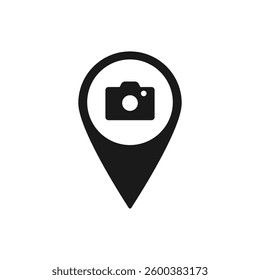 Black location pin with a camera icon, symbolizing photography, mapping, or travel-related services.