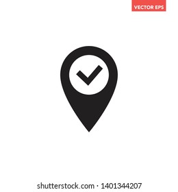 Black location pin with checkmark v circle icon, interface concept elements, app ui ux web button logo, modern graphic glyphs flat design vector eps 10 isolated on white background