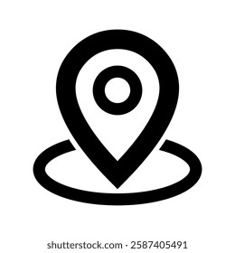 Black location pin icon with a circular marker. Concept of navigation, GPS technology, map positioning. Vector illustration