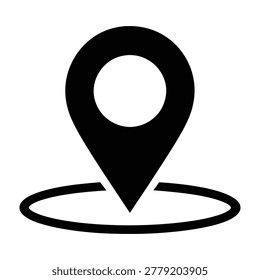 Black location pin icon on white background with circular marker symbolizing geographic position