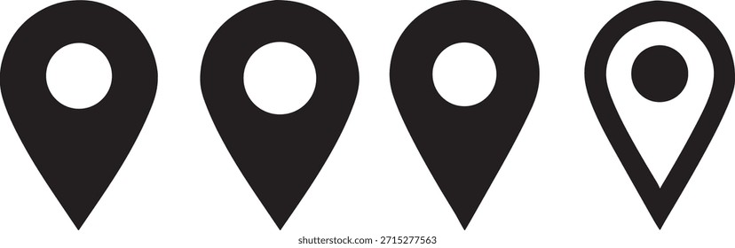 Ícone de pin de local preto definido isolado no plano de fundo branco. Coleção de símbolos de marcador de mapa para navegação, GPS, viagem, endereço e serviços baseados em localização. Ilustração simples de vetor plano.