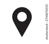 Black location pin icon silhouette isolated on white background. Minimalist map marker and navigation symbol for mobile apps and web design. Flat vector illustration.
