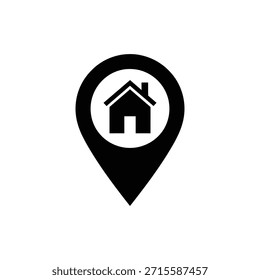 Black location pin icon with a simple house symbol inside