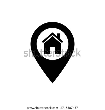 Black location pin icon with a simple house symbol inside