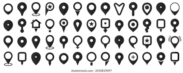 Black location pin icons. Map pointer markers. Set of black map pin icons. Destination and location symbol collection