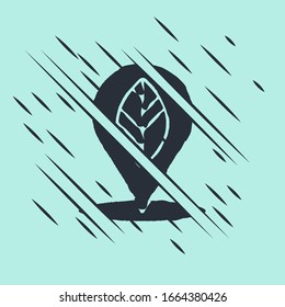 Pin de posición negra con icono de hoja interior aislado en fondo verde. El estilo de Glitch. Ilustración vectorial