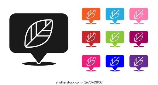 Black Location pin with leaf inside icon isolated on white background. Set icons colorful. Vector Illustration