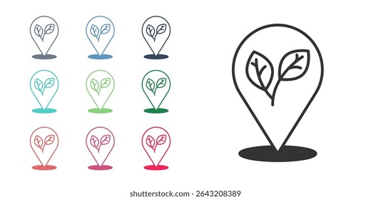 Black Location pin with leaf inside icon isolated on white background. Leaves sign. Fresh natural product symbol. Set icons colorful. Vector