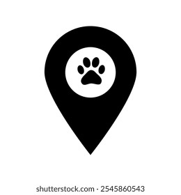 Marcador negro del perno de la ubicación con la impresión blanca de la pata dentro del círculo, perfecto para los servicios del animal doméstico, las clínicas veterinarias, los App del seguimiento animal, y el mapa amistoso de la ubicación del animal doméstico.