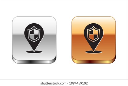 Black Location shield icon isolated on white background. Insurance concept. Guard sign. Security, safety, protection, privacy concept. Silver and gold square buttons. Vector