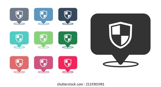 Black Location shield icon isolated on white background. Insurance concept. Guard sign. Security, safety, protection, privacy concept. Set icons colorful. Vector