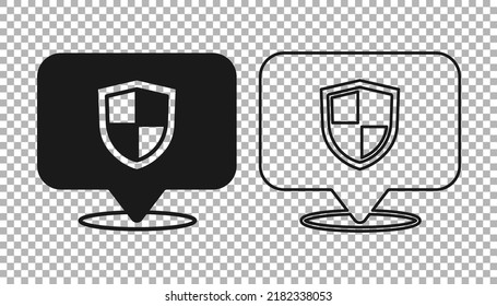 Black Location shield icon isolated on transparent background. Insurance concept. Guard sign. Security, safety, protection, privacy concept.  Vector