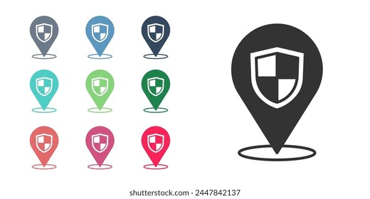 Black Location shield icon isolated on white background. Insurance concept. Guard sign. Security, safety, protection, privacy concept. Set icons colorful. Vector