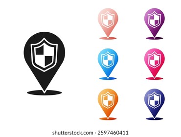 Black Location shield icon isolated on white background. Insurance concept. Guard sign. Security, safety, protection, privacy concept. Set icons colorful. Vector