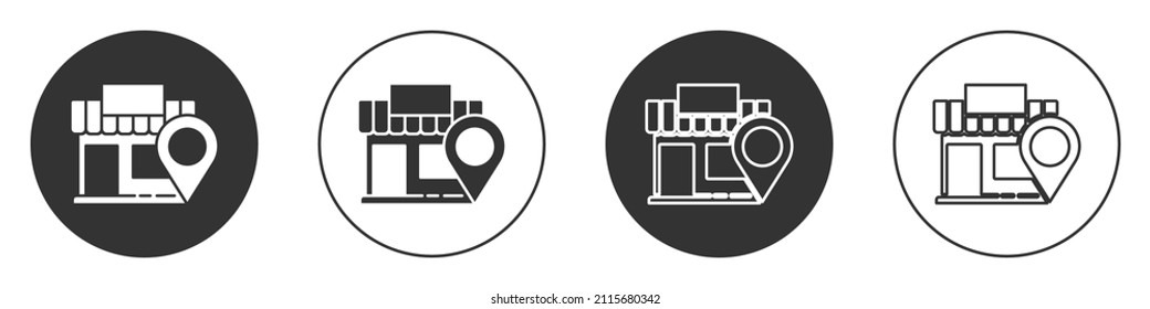 Black Location with store icon isolated on white background. Circle button. Vector Illustration