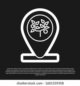 Black Location and tree icon isolated on black background.  Vector Illustration