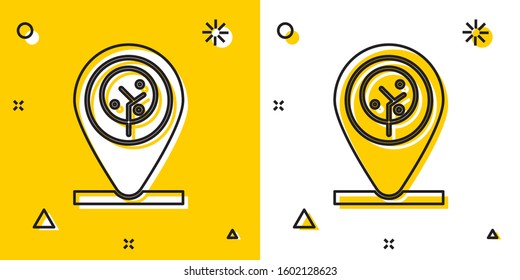 Black Location and tree icon isolated on yellow and white background. Random dynamic shapes. Vector Illustration