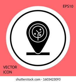Black Location and tree icon isolated on red background. White circle button. Vector Illustration