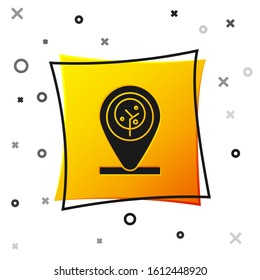 Black Location and tree icon isolated on white background. Yellow square button. Vector Illustration