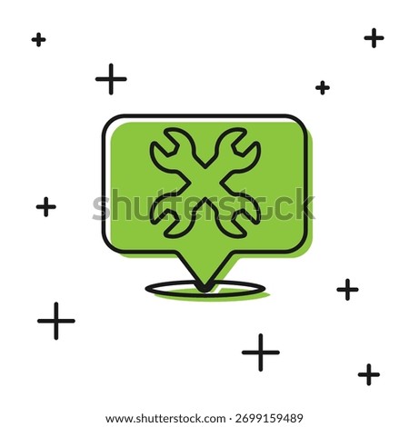 Black Location with wrench spanner icon isolated on white background. Adjusting, service, setting, maintenance, repair, fixing.  Vector