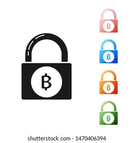 Black Lock with bitcoin icon isolated on white background. Cryptocurrency mining, blockchain technology, security, protect, digital money. Set icons colorful. Vector Illustration