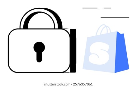 Black lock and blue shopping bag with letter S suggesting security in online shopping. Ideal for e-commerce stores, cybersecurity, online payment methods, digital marketplace, transaction safety