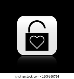 Black Lock and heart icon isolated on black background. Locked Heart. Love symbol and keyhole sign. Valentines day symbol. Silver square button. Vector Illustration