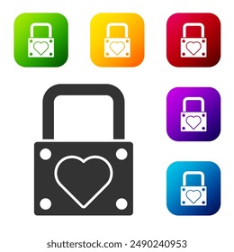 Black Lock and heart icon isolated on white background. Locked Heart. Love symbol and keyhole sign. Valentines day symbol. Set icons in color square buttons. Vector