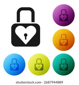 Black Lock and heart icon isolated on white background. Locked Heart. Love symbol and keyhole sign. Valentines day symbol. Set icons in color circle buttons. Vector