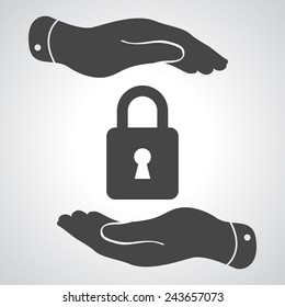 Black lock icon in flat hands isolated on grey background- vector illustration
