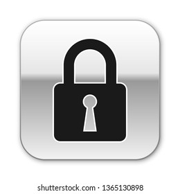 Black Lock icon isolated on white background. Closed padlock sign. Cyber security concept. Digital data protection. Safety safety. Silver square button. Vector Illustration