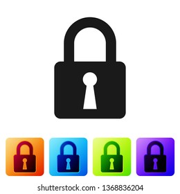 Black Lock icon isolated on white background. Closed padlock sign. Cyber security concept. Digital data protection. Safety safety. Set icon in color square buttons. Vector Illustration