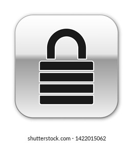 Black Lock icon isolated on white background. Padlock sign. Security, safety, protection, privacy concept. Silver square button. Vector Illustration