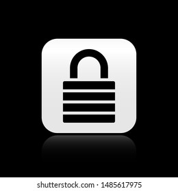 Black Lock icon isolated on black background. Padlock sign. Security, safety, protection, privacy concept. Silver square button. Vector Illustration