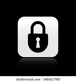Black Lock icon isolated on black background. Padlock sign. Security, safety, protection, privacy concept. Silver square button. Vector Illustration