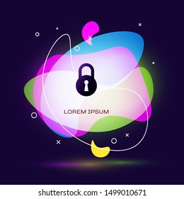 Black Lock icon isolated on dark blue background. Padlock sign. Security, safety, protection, privacy concept. Abstract banner with liquid shapes. Vector Illustration