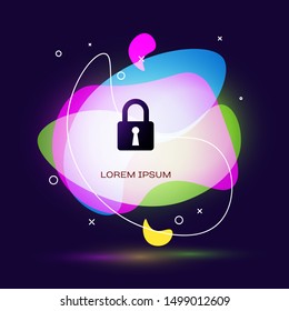 Black Lock icon isolated on dark blue background. Closed padlock sign. Cyber security concept. Digital data protection. Safety safety. Abstract banner with liquid shapes. Vector Illustration