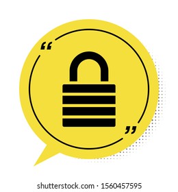 Black Lock icon isolated on white background. Padlock sign. Security, safety, protection, privacy concept. Yellow speech bubble symbol. Vector Illustration