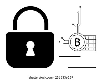 Black lock icon next to a stylized Bitcoin symbol with circuit-like extensions in monochrome. Ideal for themes Cryptocurrency, Security, Blockchain, Technology, Online Transactions. Simple modern